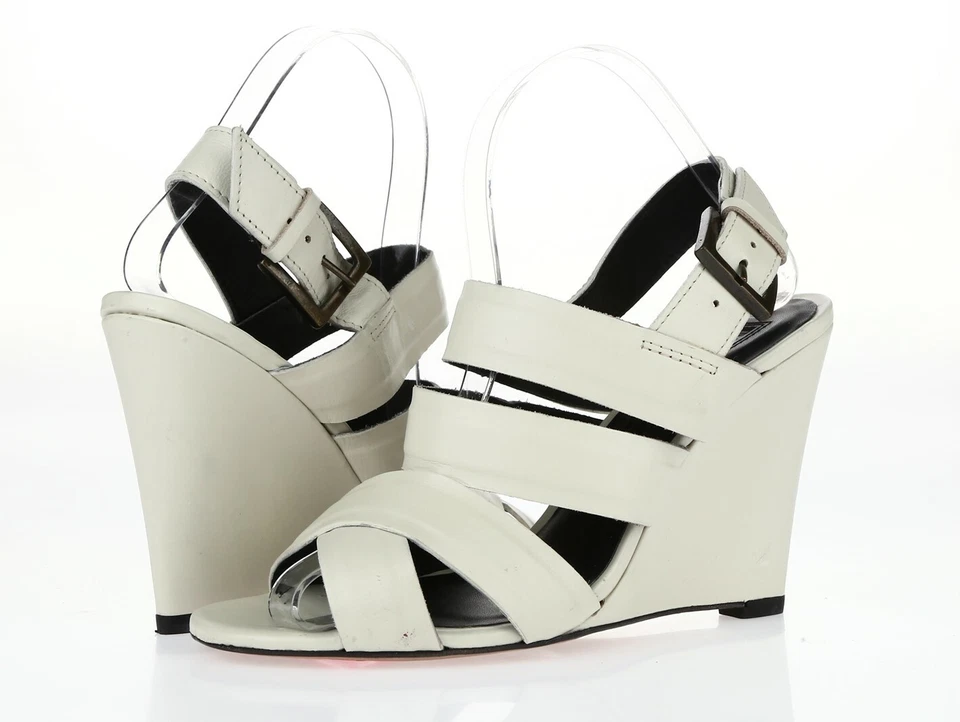 Sandalias modernas vintage de cuero marfil con tiras de cuña alta para mujer talla 38,5 nuevas Foto 2 de 4