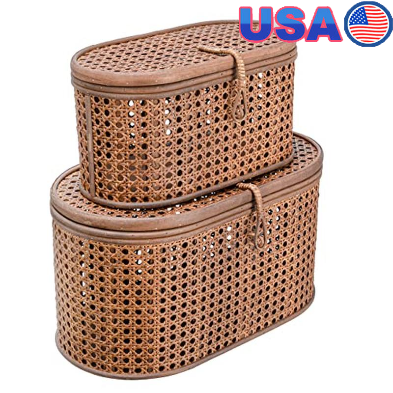 Oval Woven Rattan Storage Boxes Set 2 Decorative Stacking Baskets Boho Accent US