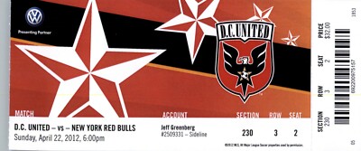 New York Red Bulls vs D.C. United 4/22/2012 Full Ticket  Chris Pontius Hat trick
