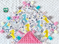NEW, Double Minky Unicorn Minky  Pink Minky Tag Taggie Security Blanket