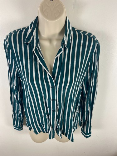 H&M Dvided Size 8 XS Black & white stripped viscose button down lng sleeve shirt - Picture 6 of 12