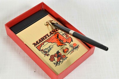 Vintage MARYLAND State DESK MEMO PAD & PEN SET Collectible (New/Unused) Metal