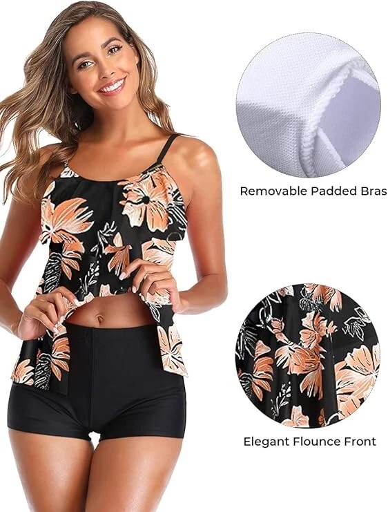 Damen Tankini Volants Badeanzug mit Badeshorts Zwei Teilig Bademode 1625KP - Bild 2 von 4