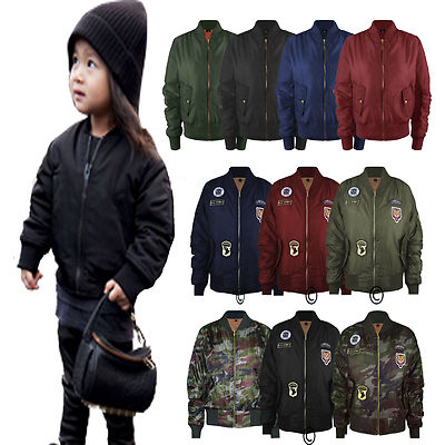 New Girls Boys Ma1 Bomber Pockets Padded Pilot Biker Jacket Coat Top Kids