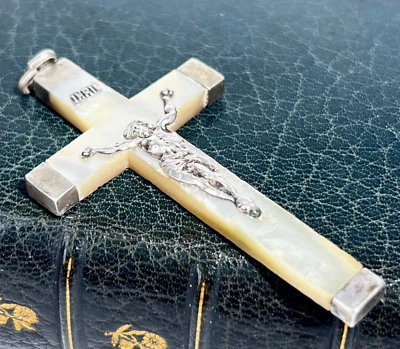 Croix Ancienne Nacre et Argent 6 cm Mother of Pearl Victorian XIXe Cross n°2 - Photo 1/3