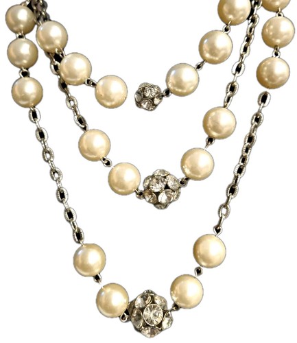 VTG Faux Pearl Rhinestone Necklace Silver Tone 3 Strand Jewelry/26"L - 第 1/6 張圖片