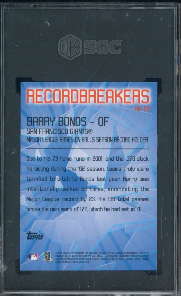2003 Topps Record Breakers #RB-BB Barry Bonds San Francisco Giants SGC 10 - Image 2 of 2
