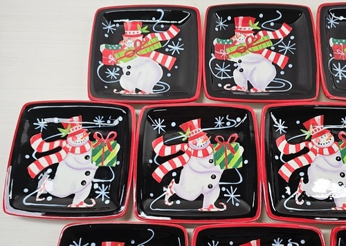 13 Pc Certified International Snowman Square Canape Plates Lot Holiday Christmas - Picture 15 of 24