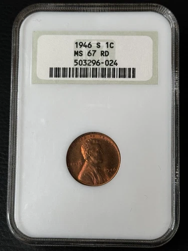 1946-S Lincoln Wheat Cent NGC MS67 RD Fatty Holder Hologram Toned