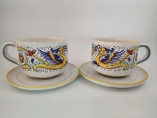 Set of 2 Deruta Ceramiche Dragon Motif Jumbo/Breakfast/Cappuccino Cups & Saucers