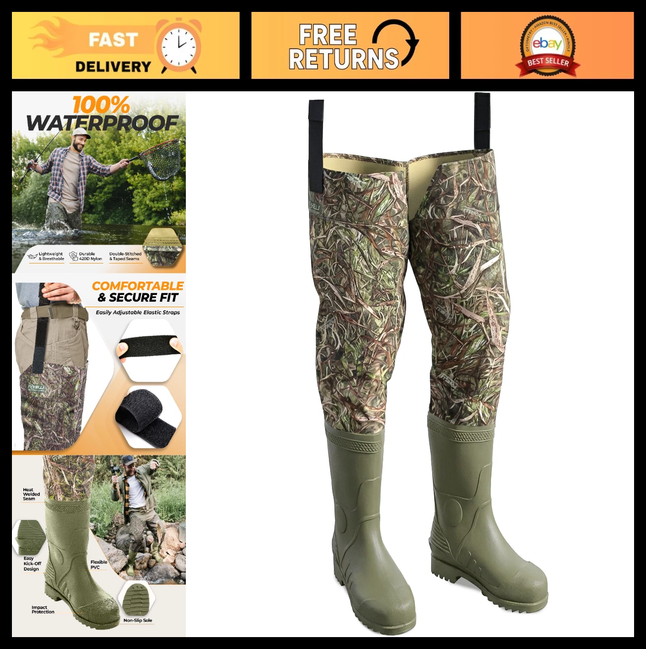 Waterproof Camo Hip Waders for Men & Women - Lightweight Fishing & Hunting Boots