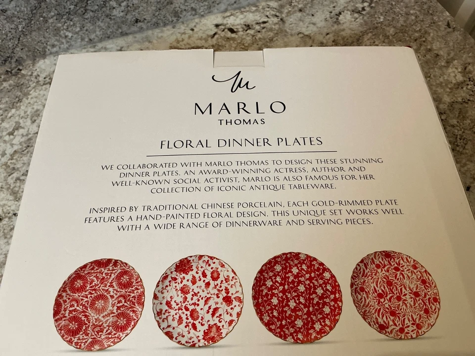 4 platos de cena Williams Sonoma Marlo Thomas platos rojos mixtos florales-NUEVO EN CAJA Foto 2 de 2