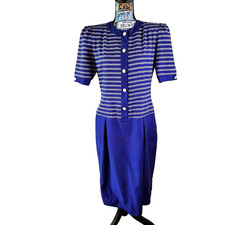 Vintage David Warren Midi Dress Blue with white stripes Sz 12 ILGWU Made in USA