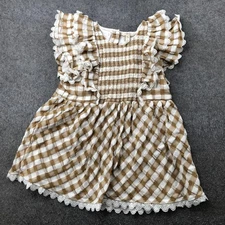 Matilda Jane Dress Girls 14 Brown White Gingham Ruffle Lace Flutter Sleeve