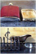 Joblot EPNS Letter Rack, Gravy Boat, Cig Case, Spoon & 6oz Stainless Hip Flask