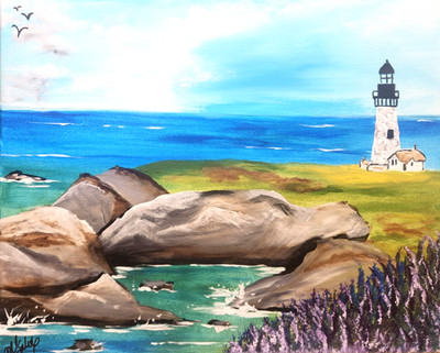 Yaquina Bay Lighthouse Oregon Painting 16x20 Original Coastal Wall Art