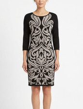 Nine West Sweater Dress Women's Size XS Baroque Damask Black and Tan 3/4 Sleeve