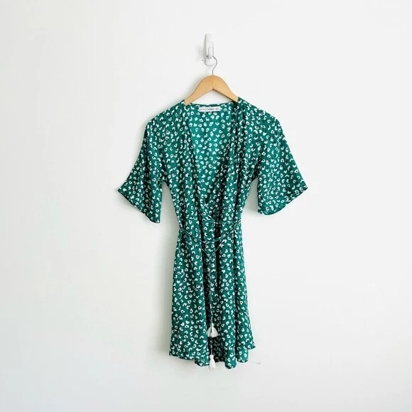 Faithfull The Brand Cleo Wrap Dress Small Green Short Floral Rayon Belt Tassels eBay