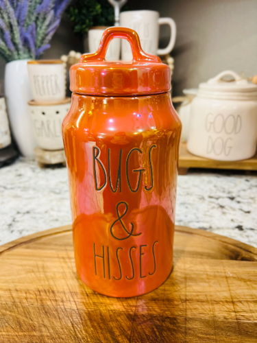Rae Dunn Orange Luster Ceramic BUGS & HISSES Halloween Canister Jar - Picture 2 of 5