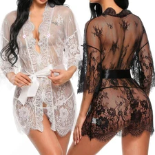 Sexy Women Lingerie Lace Robe See-through Babydoll Underwear Sleepwear Dress Set