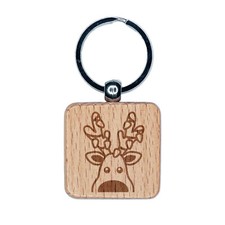 Peeking Reindeer with Lights Christmas Engraved Wood Square Keychain Tag Charm