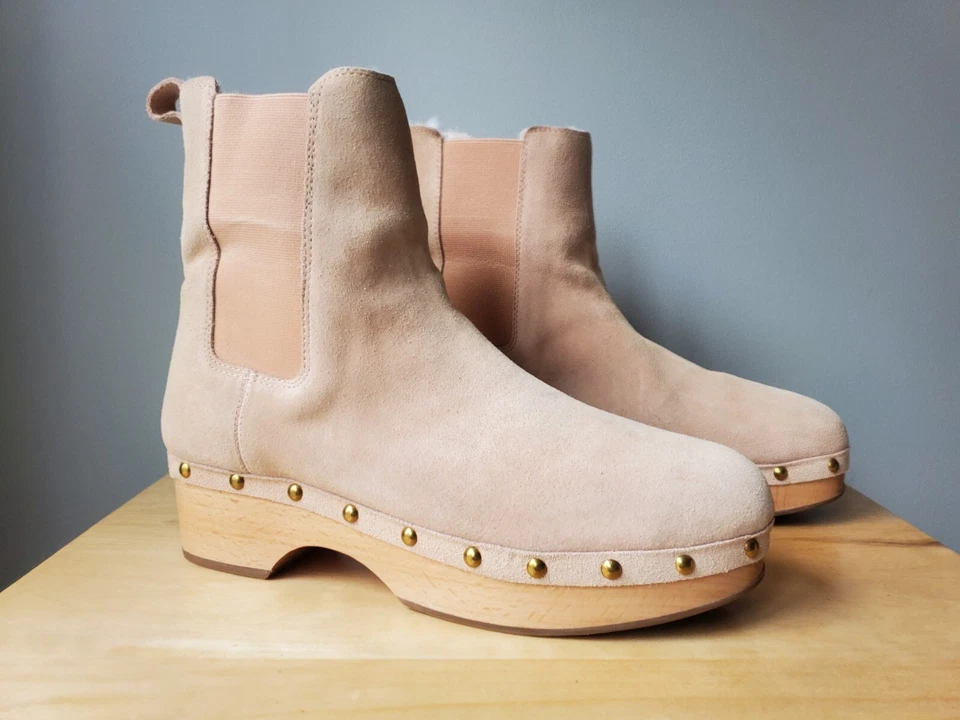 JCREW 人造毛皮衬里切尔西靴棕褐色麂皮绒皮革 - 尺码 11 美丽 — 第 3/4 张图片