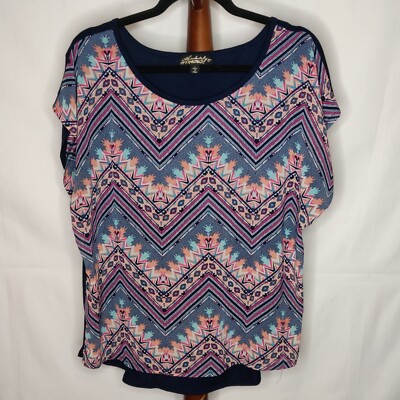 Absolutely Famous women's L lined blouse multicolor print round neck cap sleeves