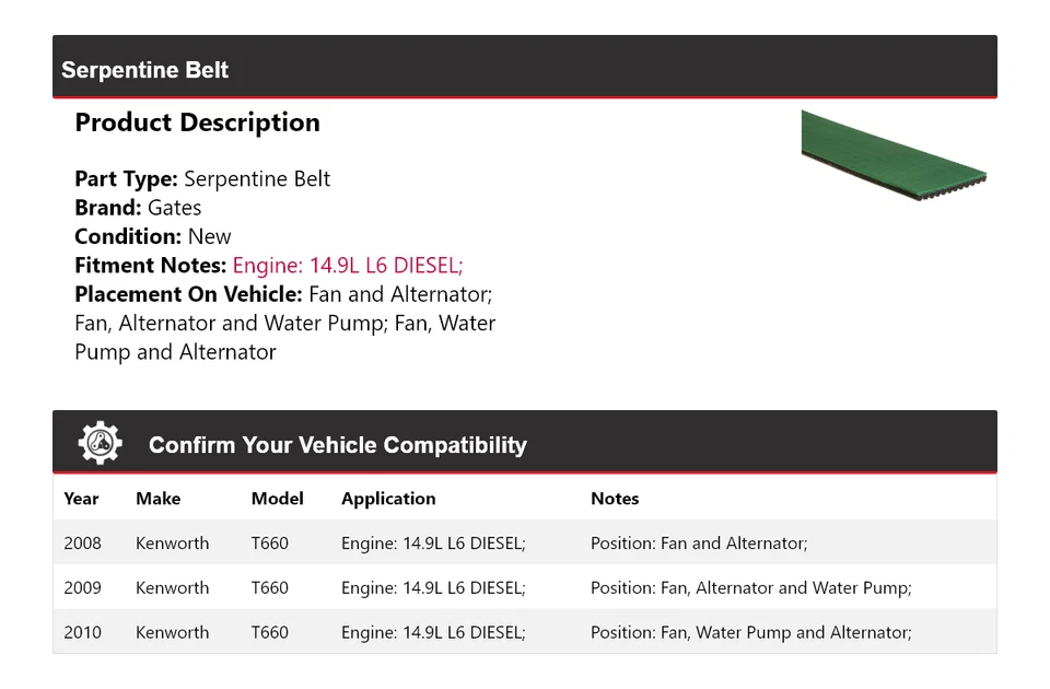 Puertas de cinturón serpentinas diésel para Kenworth T660 2008-2010 14,9 L L6 2009 Foto 2 de 4