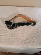 Express Leather Black Bojo Tooled Flowers all over Belt Silver Tone Studs 33.5"