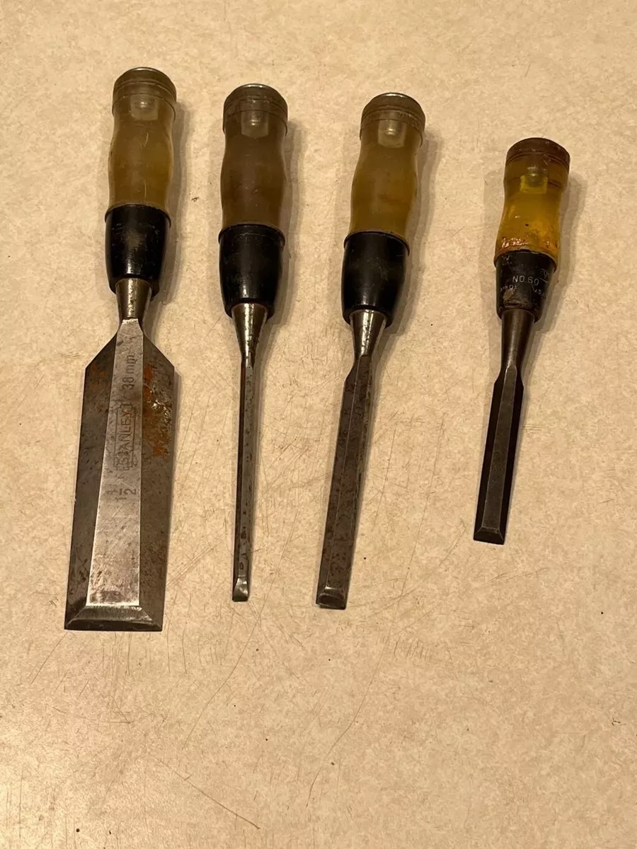 Lot of 4 VINTAGE STANLEY WOOD CHISELS TRANSLUCENT HANDLES 1/4, 1/2 &  1-1/2