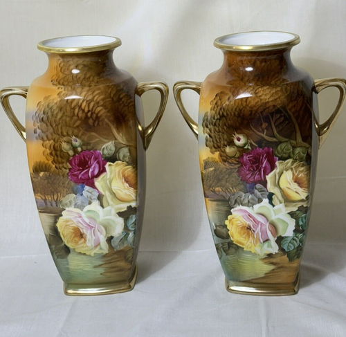 Pair of Nippon Leaf Mark Hand Painted 11.25 Inch VASE w/Large Roses in Landscape - Picture 5 of 15