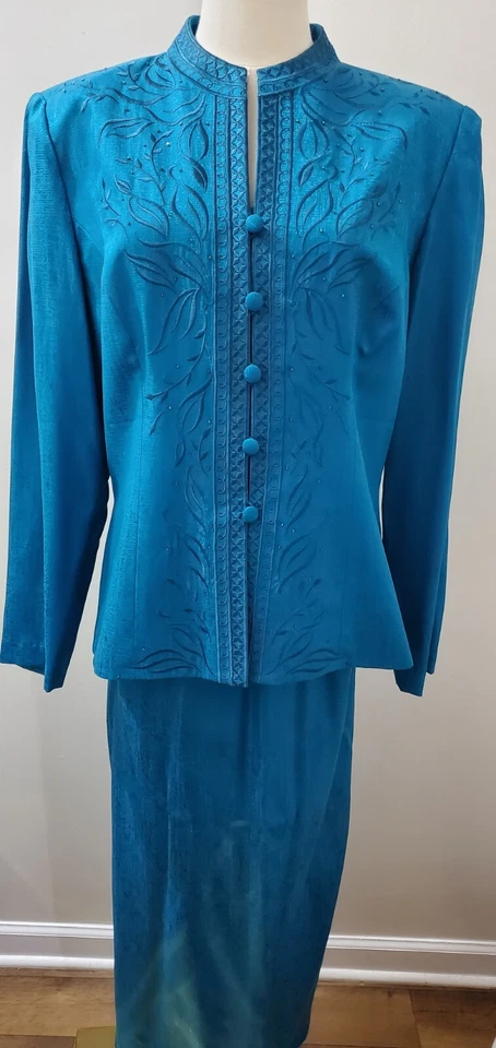 Impresionante Adrianna Papell Talla 12 Verde Azulado 100% Seda Chaqueta Falda Traje 2 Piezas Foto 2 de 4