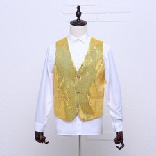 Mens Sequin Waistcoat Vest Top Sleeveless Jacket Gilet Showman Dance Party