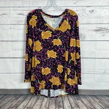 Logo Lori Goldstien Top Tunic Womens Large Black Pink Floral Tropical Boxy