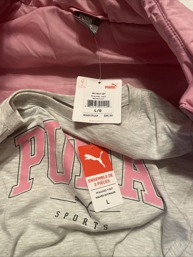 NEW Puma Kids 3 piece Pink Puffer Vest Set Large Black Leggings Grey Logo Shirt - Picture 4 of 7