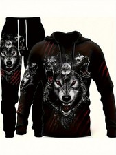 Men's 2024 New Printed Hoodie Set - "The Wolf" Pattern Casual Sports Style