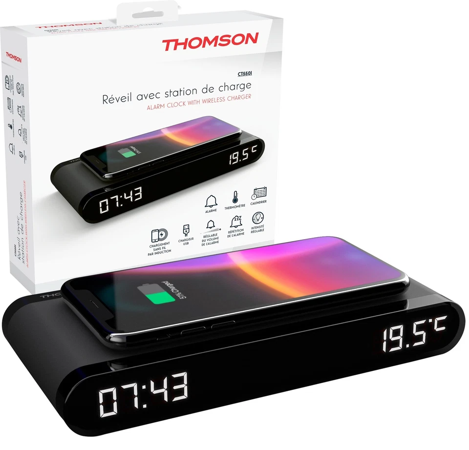 SVEGLIA RICARICA RAPIDA WIRELESS USB DISPLAY LED OROLOGIO SCRIVANIA THOMSON 