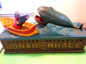 Vintage REPRODUCTION,Jonah And The Whale Cast Iron Mechanical Bank,WORKS WELL