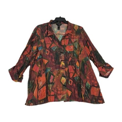 Ali Miles Women's Shirt Size 2X  Button Up Top Blouse ¾ Sleeve Abstract Multi 48