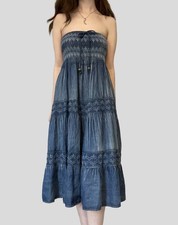 Lapis Anthropologie Blue Embroidered Crinkle Strapless Dress/Maxi Skirt Size S-M