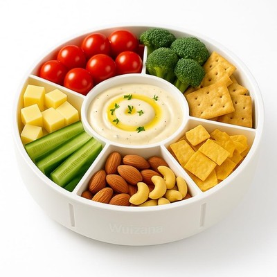Divided Snack Container with Lid, 6-Compartment Round Snack Box with Handle, ...