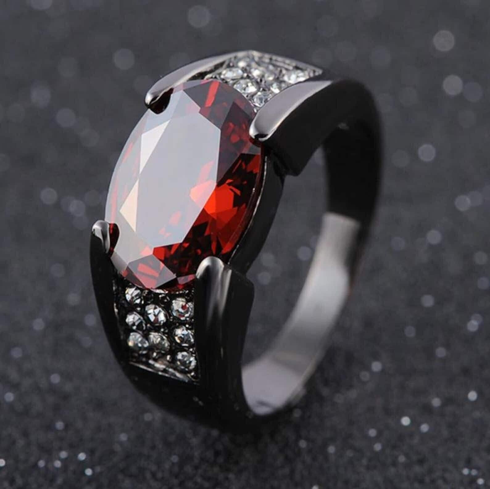 Natural Red Garnet Men's Ring 925 Sterling Silver Black Rhodium