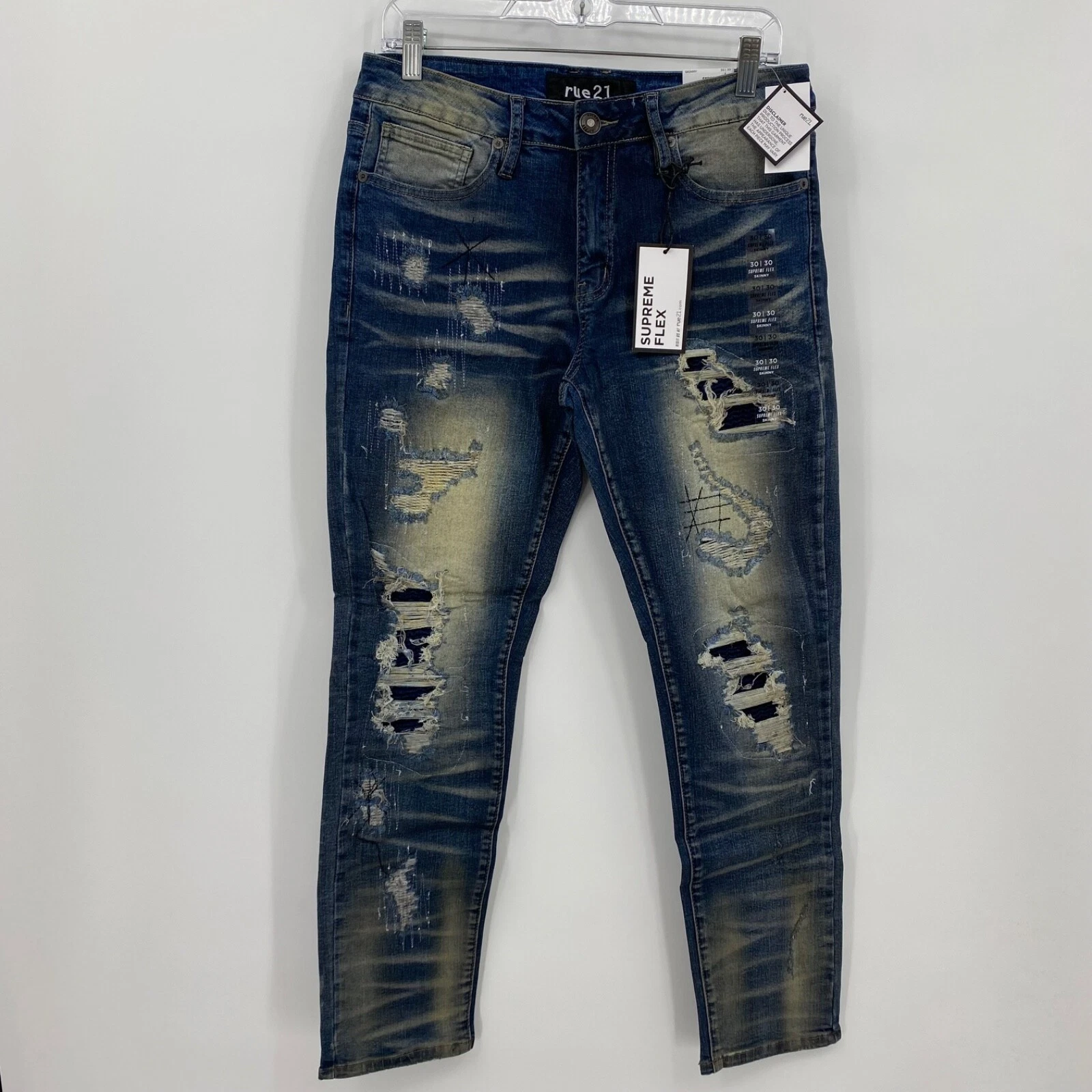 Jeans skinny homme Rue 21 Supreme Flex détressé bleu moyen lavage taille 30 x 30