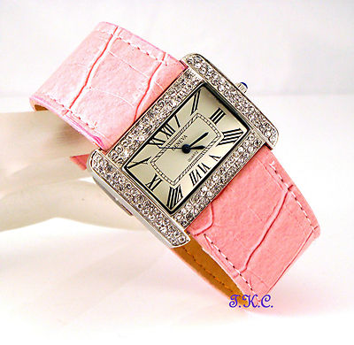 Klassisches Silber Luxus Designer Stil Rosa Veganem Leder & Swarovski Strass Uhr