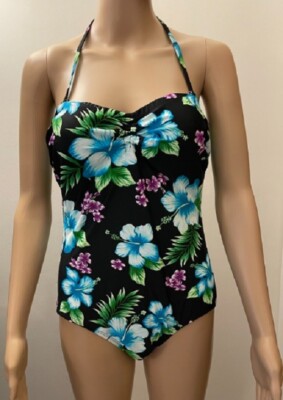 JANTZEN NWOT Women's 12 1-Piece Halter/Strapless Swim Bathing Suit Black Floral