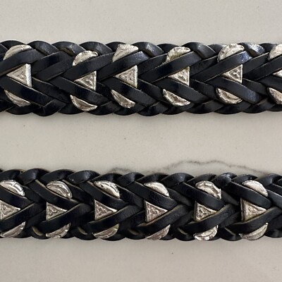 Vintage Western Braided Leather Belt Brushed Silver Tone Square Buckle Navy XL Vintage Western Style Braided Leather Silver Belt Navy Blue  main image 3