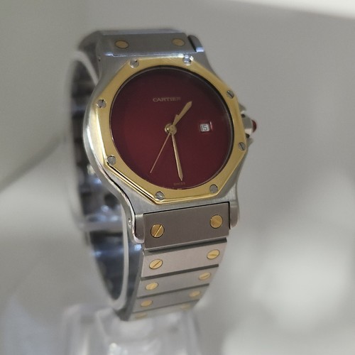 Vintage Cartier Contagon Santos zweifarbiges rotes Zifferblatt Uhr - Bild 4 von 19