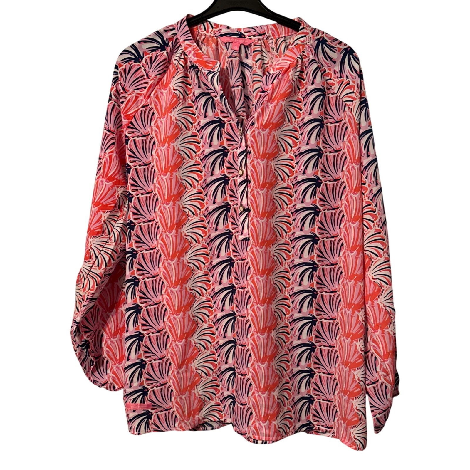 Simply Southern Womens Size XL Blouse Pink/Navy Floral Print Relaxed Fit top