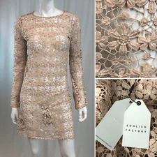 NWT $90 English Factory XS Pink Floral Crochet Lace Long Sleeve Tunic Mini Dress