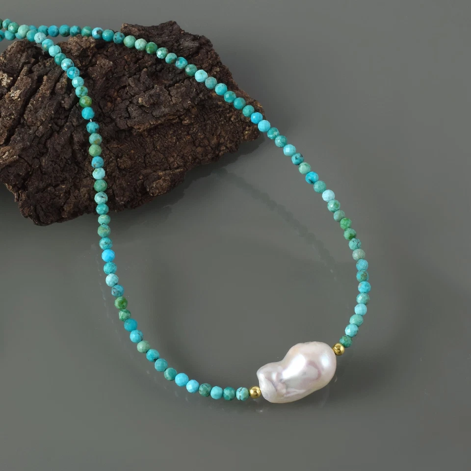 Collar de cadena de cuentas pequeñas redondas de 3 mm turquesa natural artesanal de 18" Foto 2 de 4